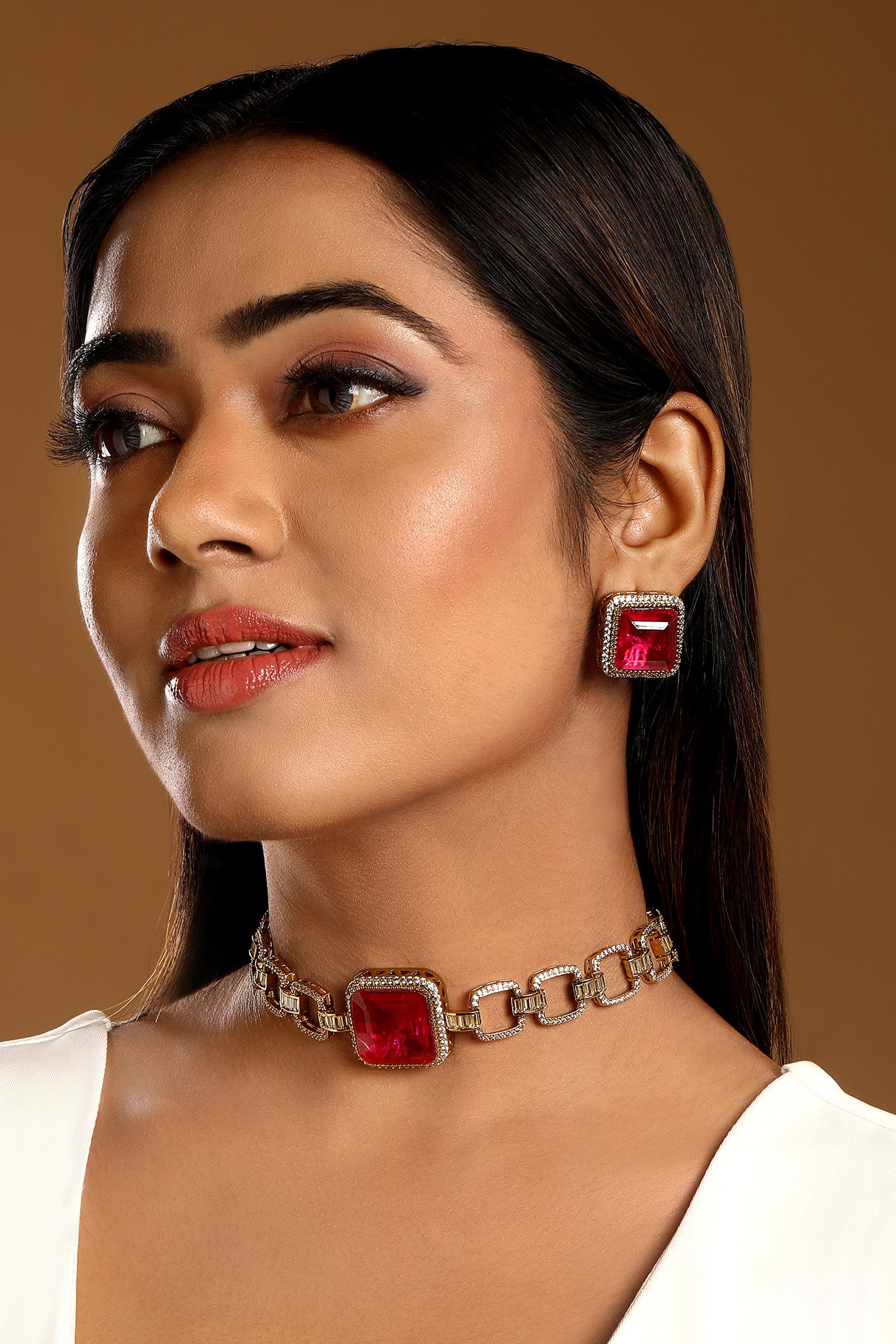 Dog Collar Choker in gold tone brass with Synthetic Ruby, Zircon Diamond