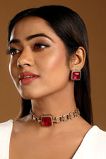 Dog Collar Choker in gold tone brass with Synthetic Ruby, Zircon Diamond
