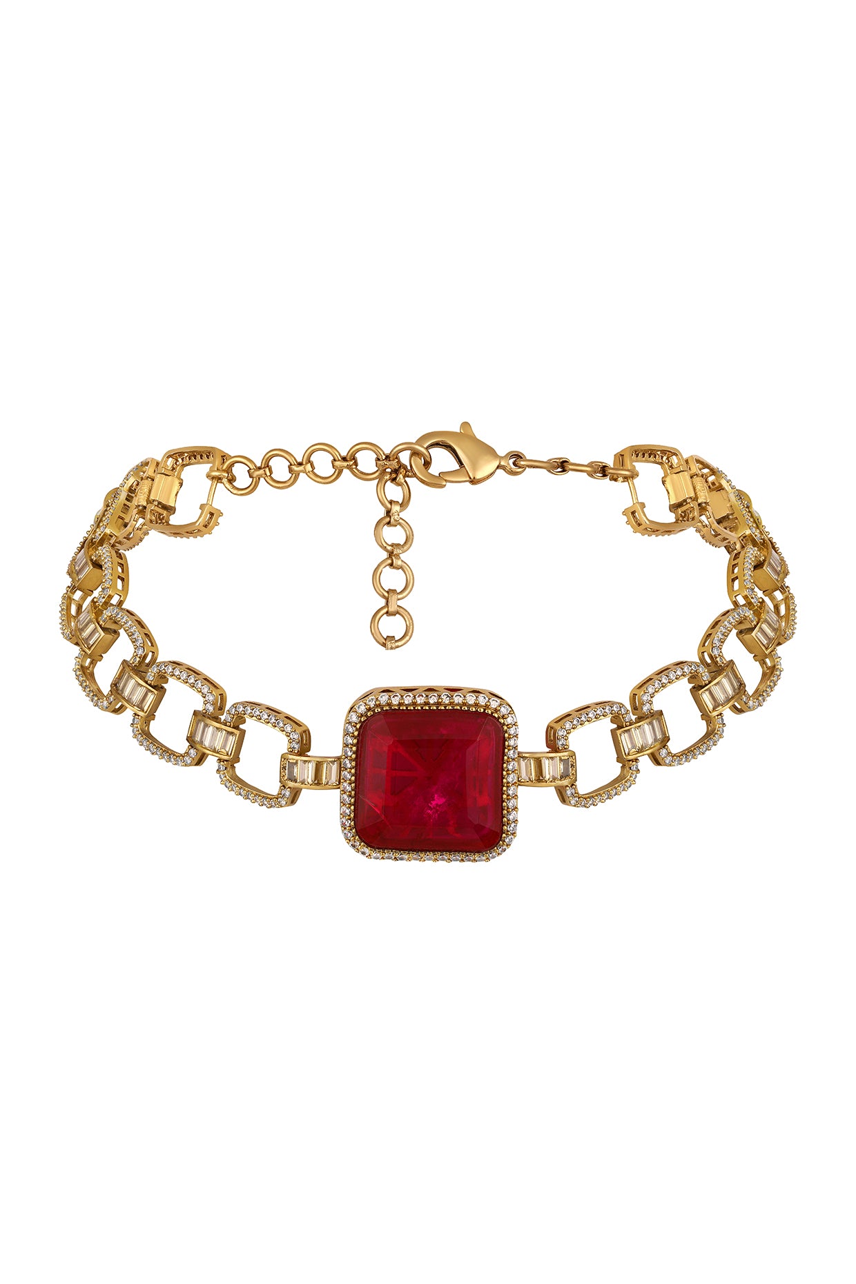 Dog Collar Choker in gold tone brass with Synthetic Ruby, Zircon Diamond