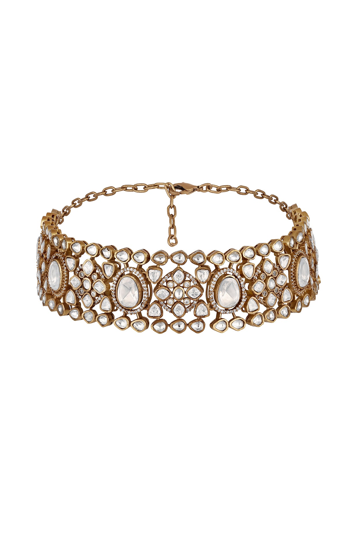 Dog Collar Choker in mehandi polish brass with Kundan Polki, Zircone Diamond Have Been Used