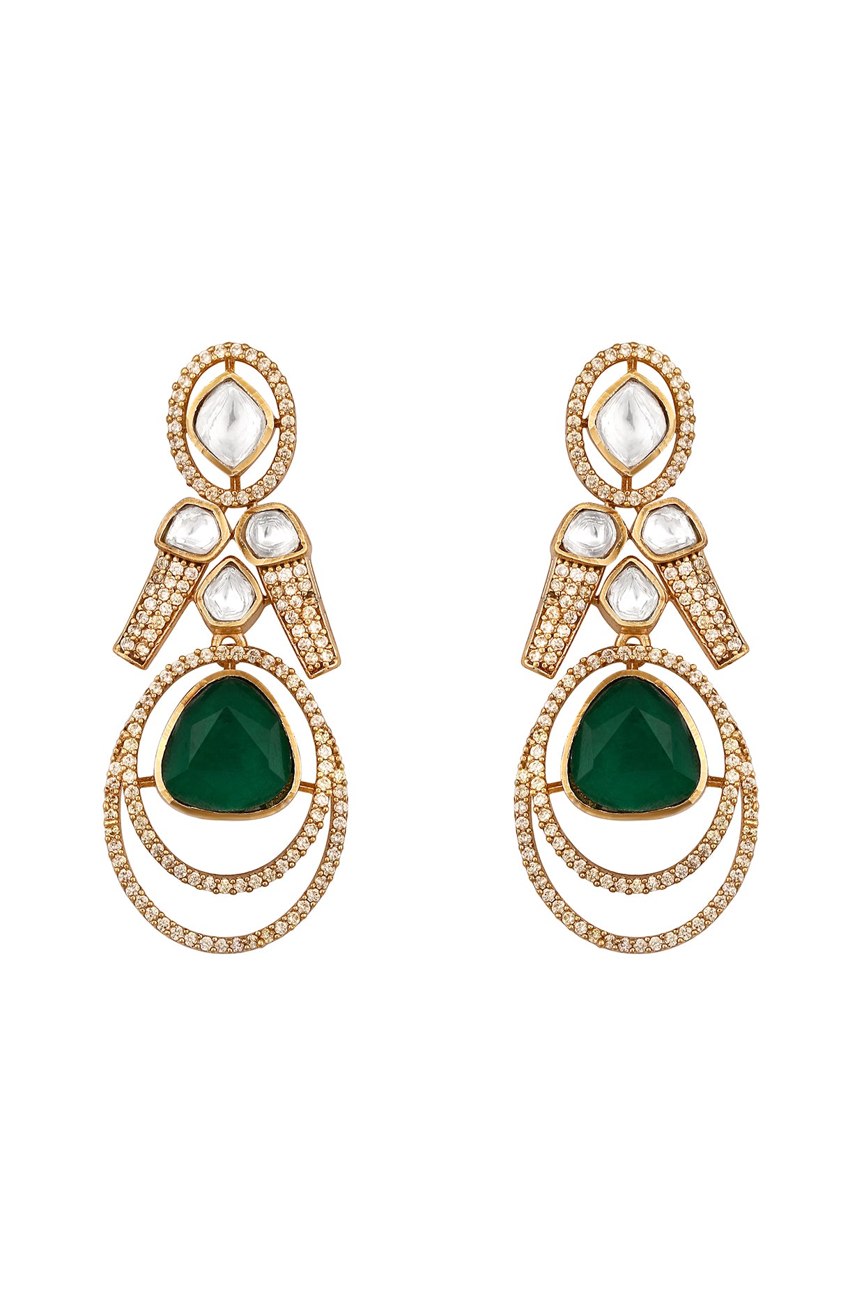 Short Necklace in gold tone brass with Kundan Polki, Zircon Diamond, Synthetic Emerald Have Been Used