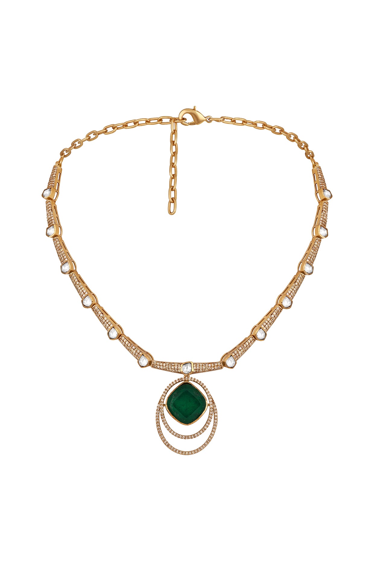 Short Necklace in gold tone brass with Kundan Polki, Zircon Diamond, Synthetic Emerald Have Been Used