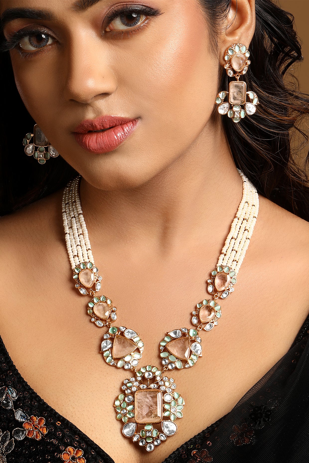 Long Necklace in gold tone brass with Kundan Polki, Rose Quartz Mint Stones, Pearls, Gold Micro Balls, Have Been Used