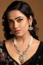 Long Necklace in gold tone brass with Kundan Polki, Rose Quartz Mint Stones, Pearls, Gold Micro Balls, Have Been Used