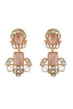 Long Necklace in gold tone brass with Kundan Polki, Rose Quartz Mint Stones, Pearls, Gold Micro Balls, Have Been Used