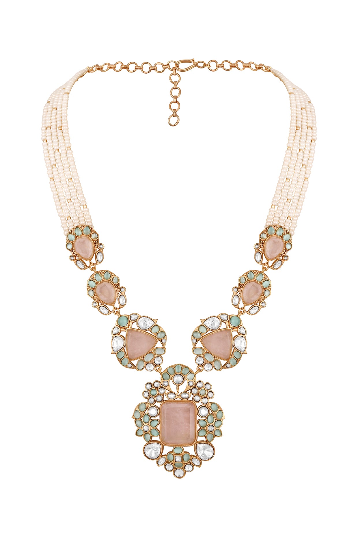 Long Necklace in gold tone brass with Kundan Polki, Rose Quartz Mint Stones, Pearls, Gold Micro Balls, Have Been Used