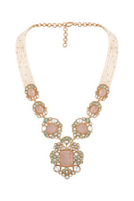 Long Necklace in gold tone brass with Kundan Polki, Rose Quartz Mint Stones, Pearls, Gold Micro Balls, Have Been Used