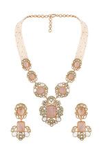 Long Necklace in gold tone brass with Kundan Polki, Rose Quartz Mint Stones, Pearls, Gold Micro Balls, Have Been Used