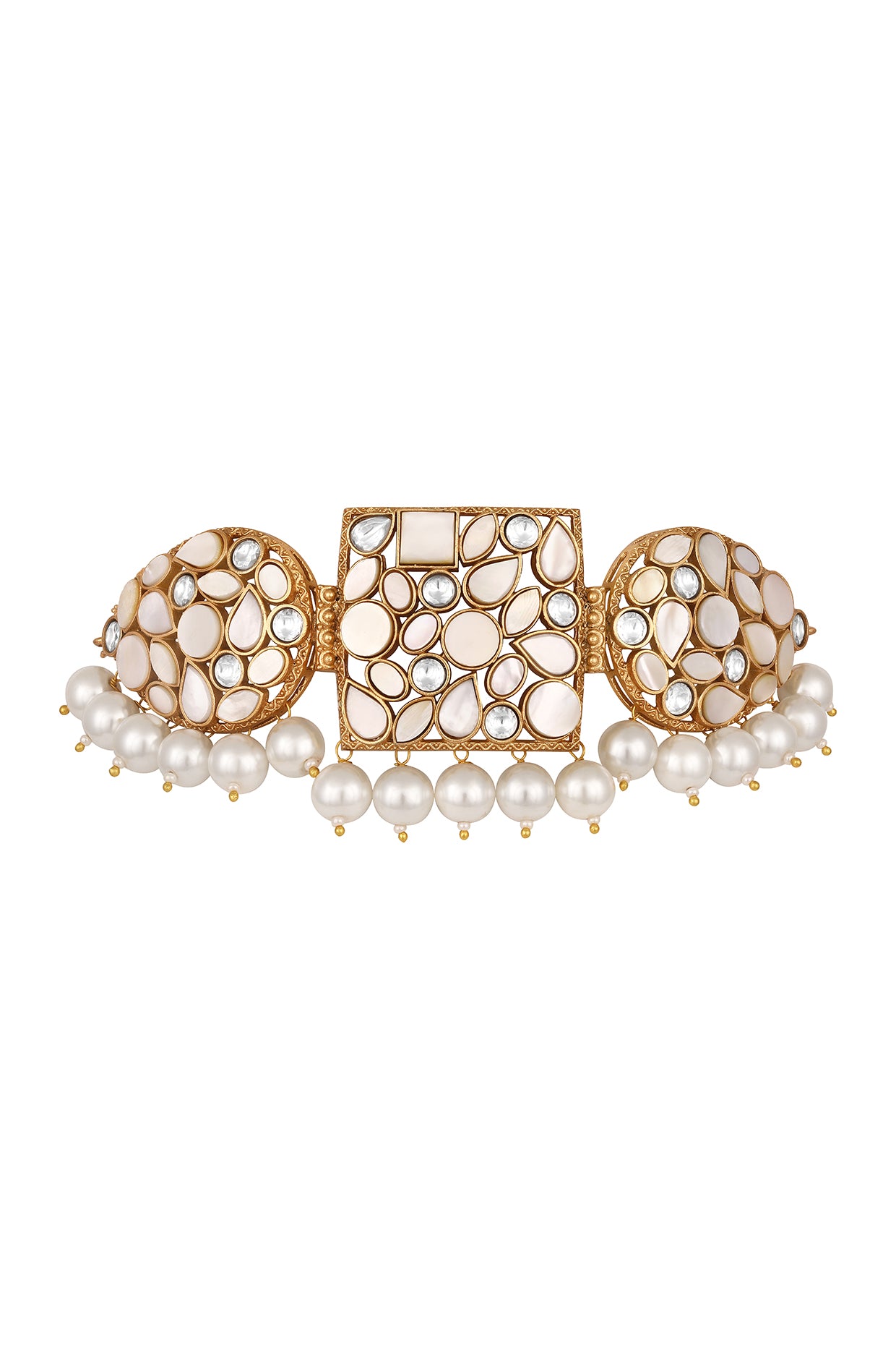 Dog Collar Choker in gold tone brass with Mother Of Pearl, Kundan Polki, Shell Pearl, Mgpb