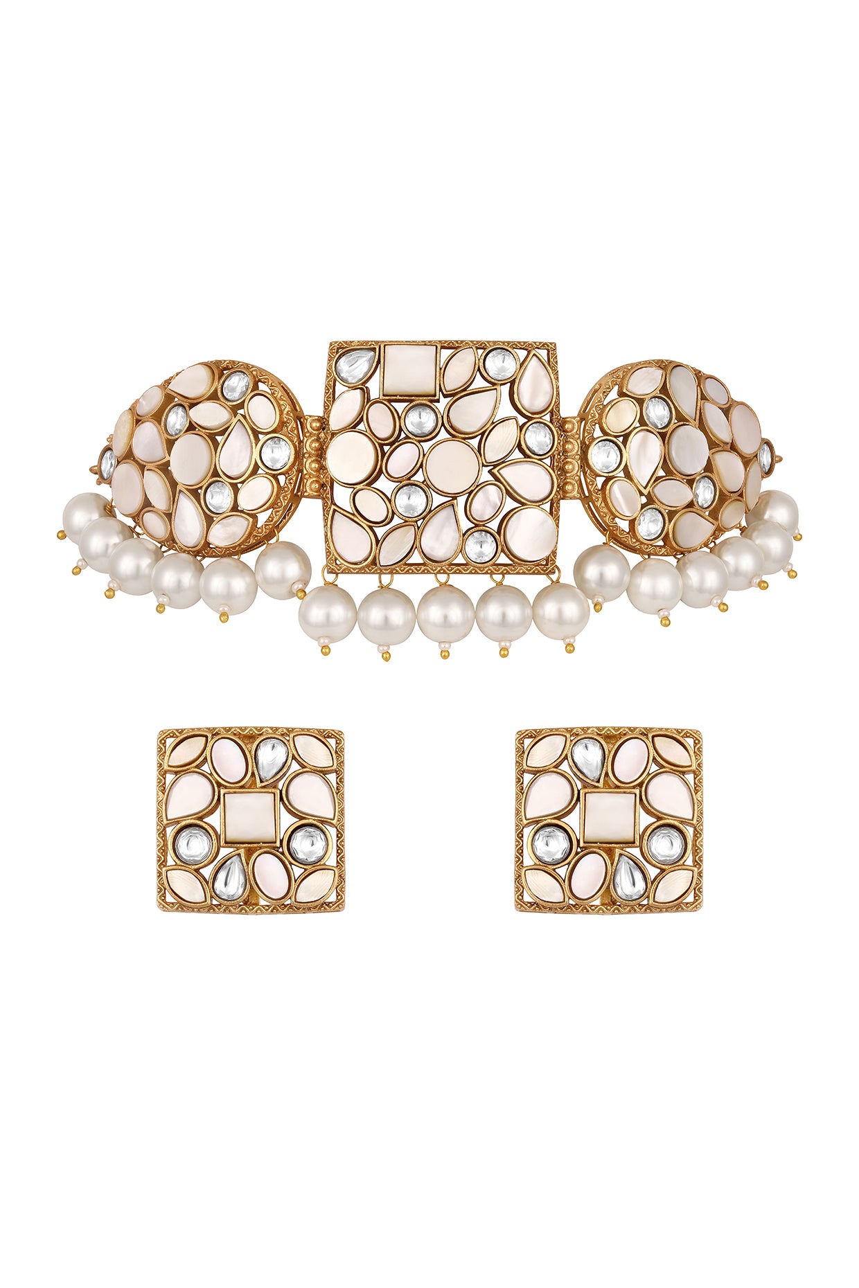 Dog Collar Choker in gold tone brass with Mother Of Pearl, Kundan Polki, Shell Pearl, Mgpb