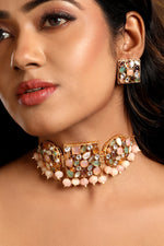 Dog Collar Choker in gold tone brass with Pestal Mother Of Pearl, Kundan Polki, Shell Pearl, Mgpb, Watermelon Tumbles, Synthetic Stones