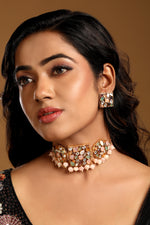 Dog Collar Choker in gold tone brass with Pestal Mother Of Pearl, Kundan Polki, Shell Pearl, Mgpb, Watermelon Tumbles, Synthetic Stones