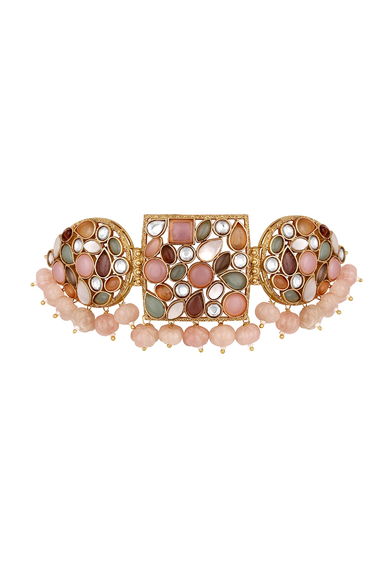 Dog Collar Choker in gold tone brass with Pestal Mother Of Pearl, Kundan Polki, Shell Pearl, Mgpb, Watermelon Tumbles, Synthetic Stones