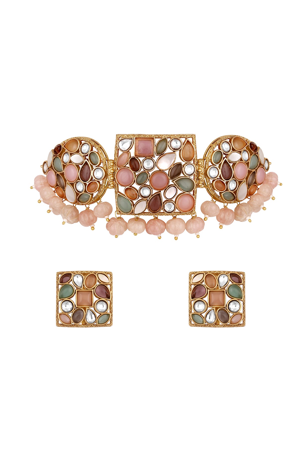 Dog Collar Choker in gold tone brass with Pestal Mother Of Pearl, Kundan Polki, Shell Pearl, Mgpb, Watermelon Tumbles, Synthetic Stones