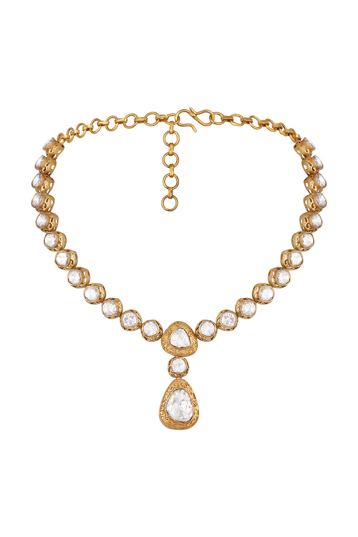 Short Necklace in antique gold tone brass with Mgpb, Kundan Polki