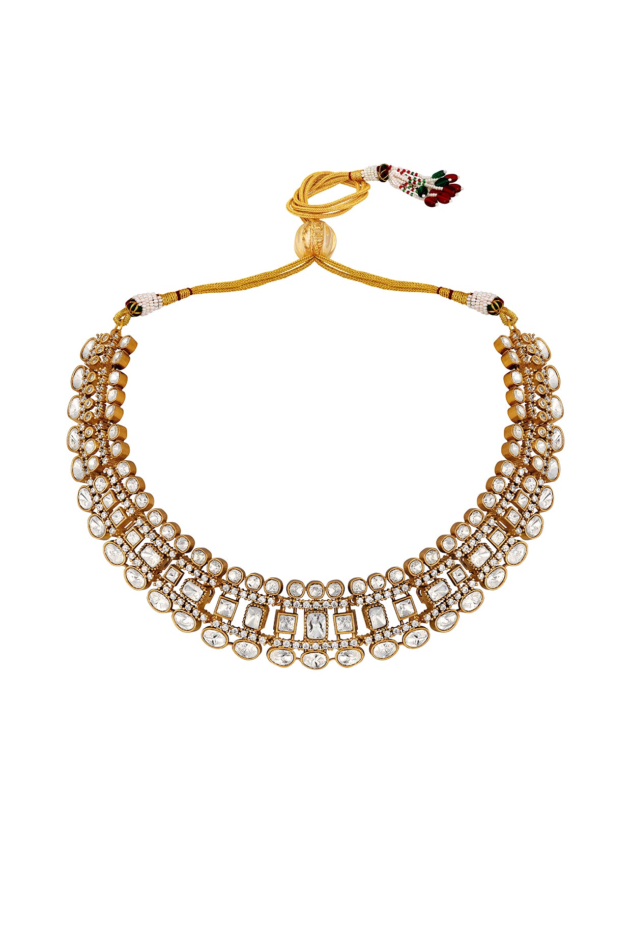 Choker in gold tone brass with Kundan Polki, Zircone Diamond
