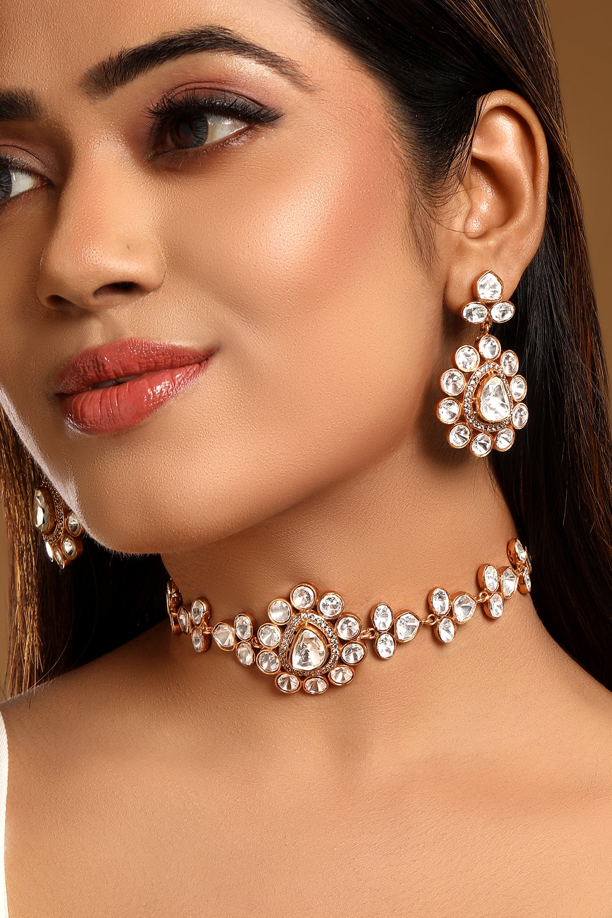 Dog Collar Choker in gold tone brass with Lv Kundan Polki (Yellow Polki), Zircon Diamond Have Been Used
