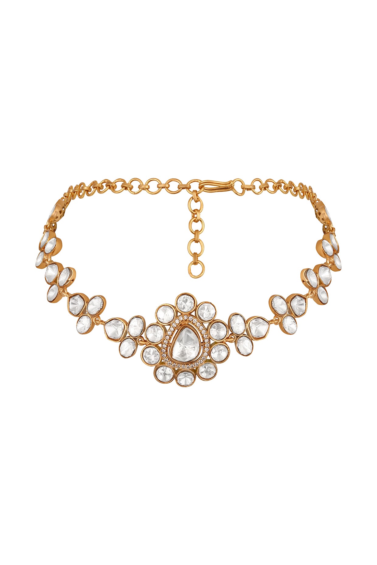 Dog Collar Choker in gold tone brass with Lv Kundan Polki (Yellow Polki), Zircon Diamond Have Been Used