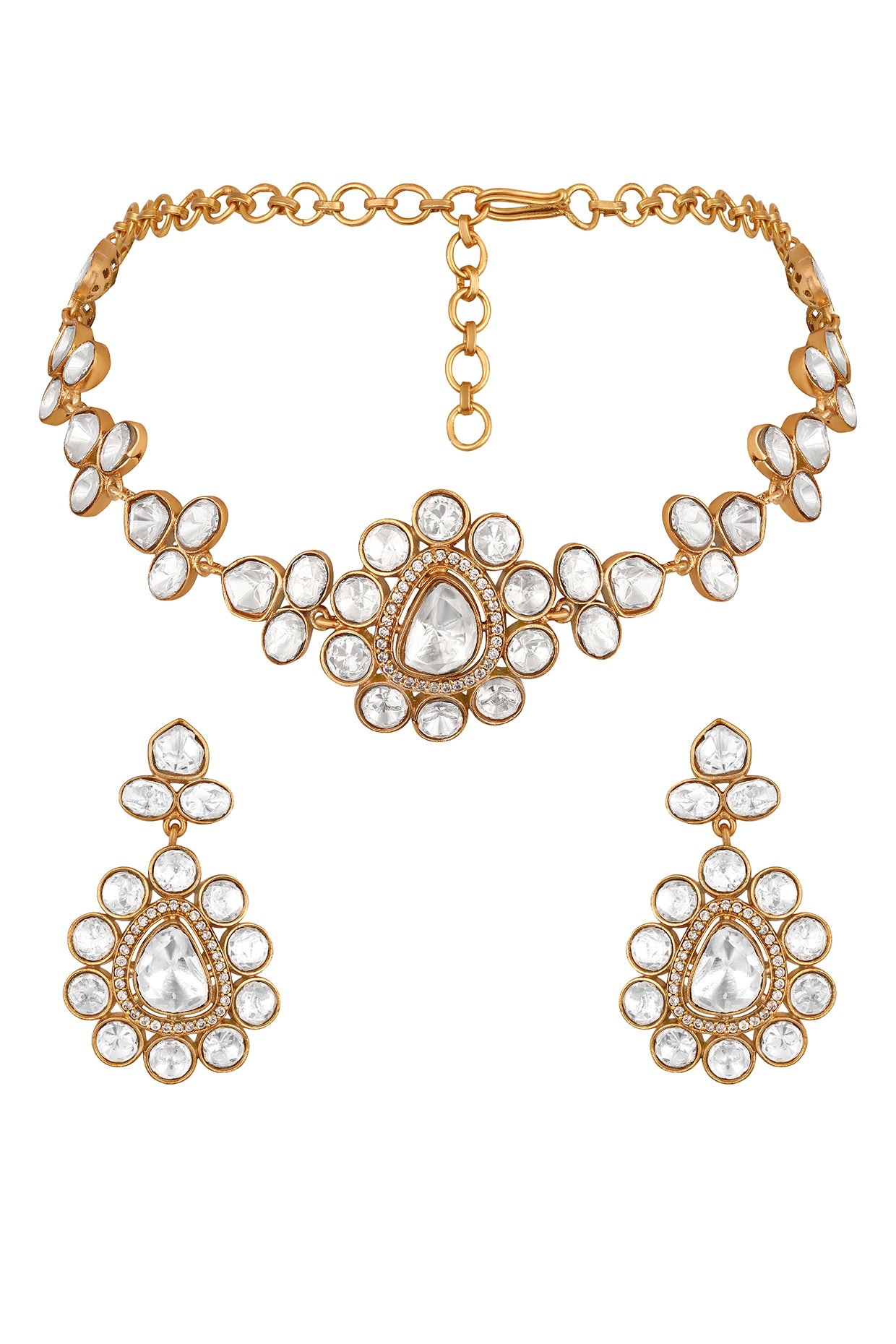 Dog Collar Choker in gold tone brass with Lv Kundan Polki (Yellow Polki), Zircon Diamond Have Been Used