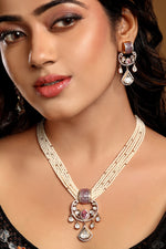Short Necklace in gold tone brass with Mgpb, Mossonite Kundan Polki, Cubic Zirconia, Kidiya, Gold Micron Balls, Synthetic Stone