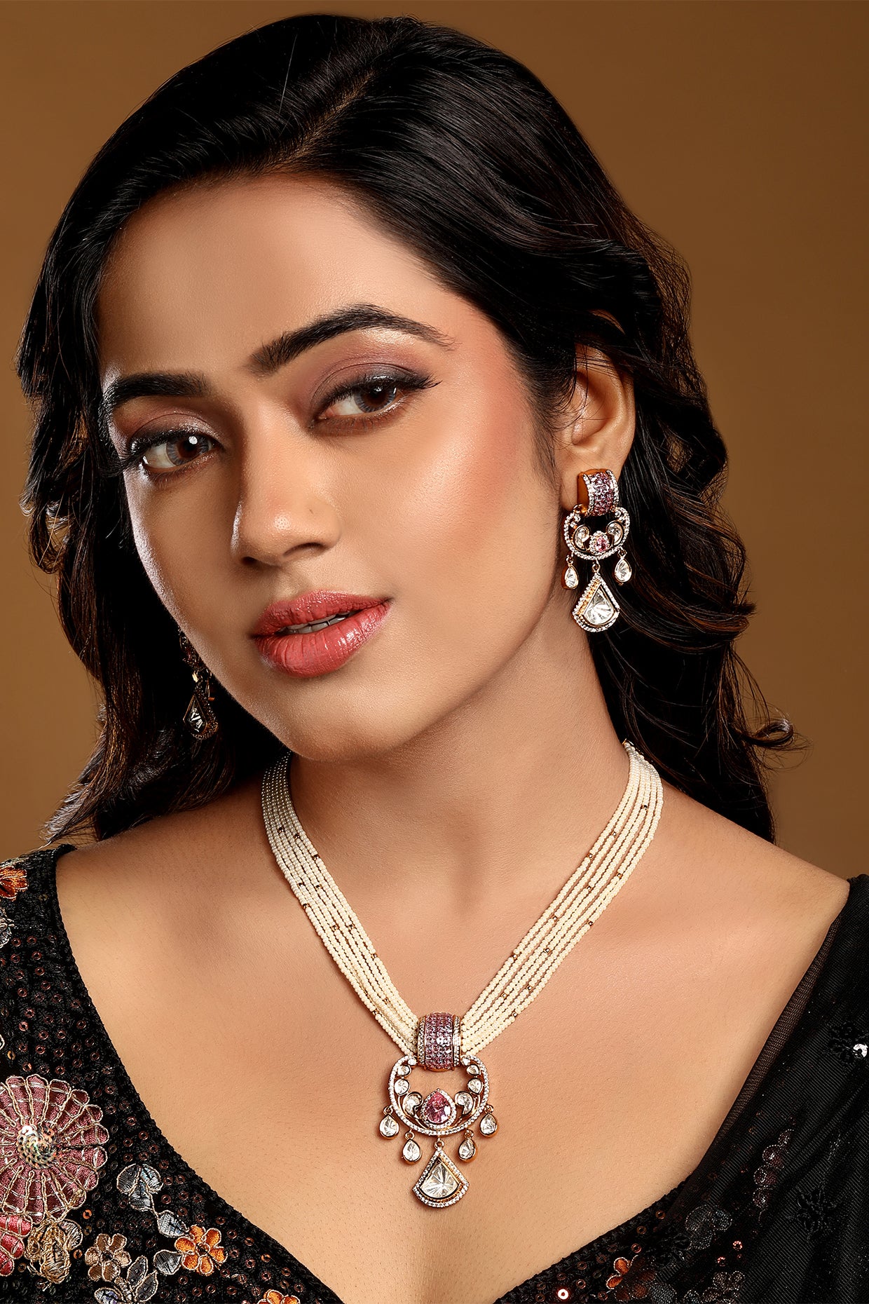 Short Necklace in gold tone brass with Mgpb, Mossonite Kundan Polki, Cubic Zirconia, Kidiya, Gold Micron Balls, Synthetic Stone