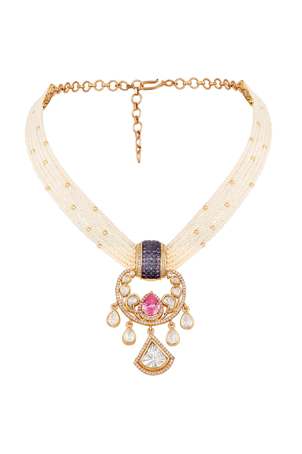 Short Necklace in gold tone brass with Mgpb, Mossonite Kundan Polki, Cubic Zirconia, Kidiya, Gold Micron Balls, Synthetic Stone