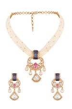 Short Necklace in gold tone brass with Mgpb, Mossonite Kundan Polki, Cubic Zirconia, Kidiya, Gold Micron Balls, Synthetic Stone
