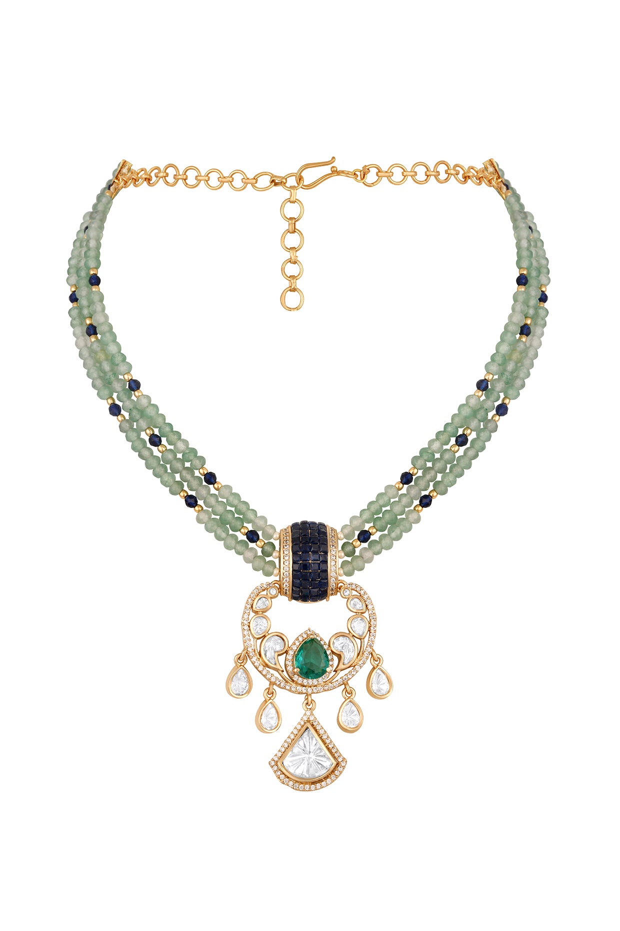 Short Necklace in gold tone brass with Mgpb, Cubic Zirconia, Agate, Mossonite Kundan Polki, Synthetic Stone