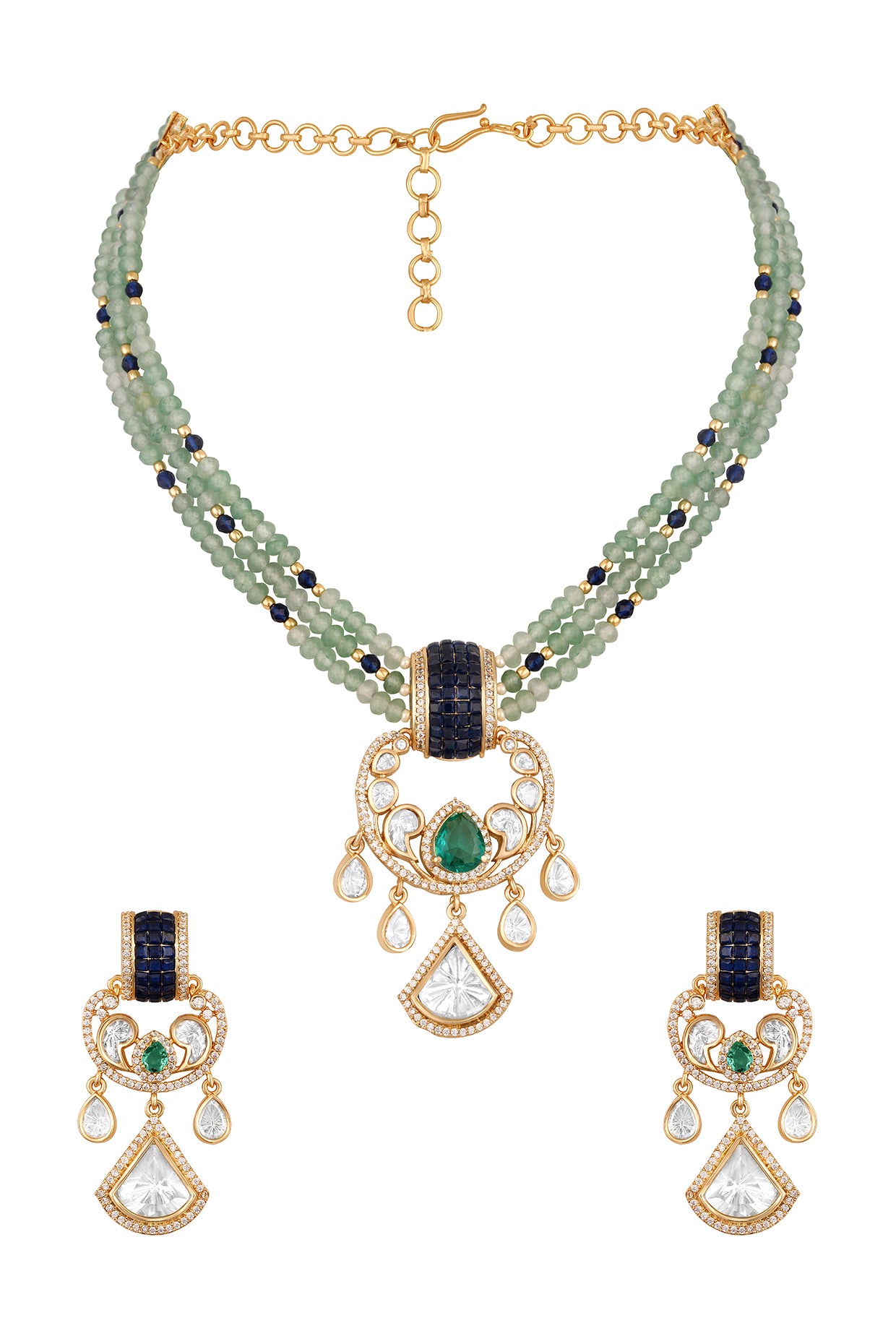 Short Necklace in gold tone brass with Mgpb, Cubic Zirconia, Agate, Mossonite Kundan Polki, Synthetic Stone