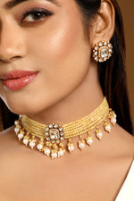 Dog Collar Choker in gold tone brass with Lv Kundan Polki(Yellow Polki), Zircone Diamond, Agates, Pearls Have Been Used