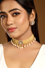 Dog Collar Choker in gold tone brass with Lv Kundan Polki(Yellow Polki), Zircone Diamond, Agates, Pearls Have Been Used