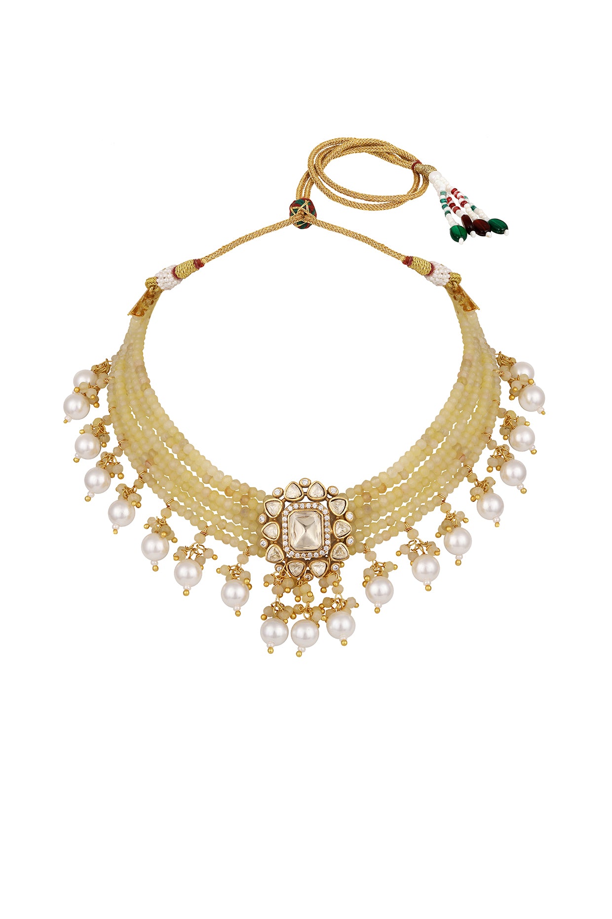 Dog Collar Choker in gold tone brass with Lv Kundan Polki(Yellow Polki), Zircone Diamond, Agates, Pearls Have Been Used