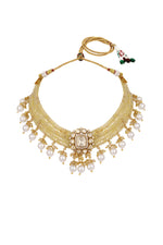 Dog Collar Choker in gold tone brass with Lv Kundan Polki(Yellow Polki), Zircone Diamond, Agates, Pearls Have Been Used