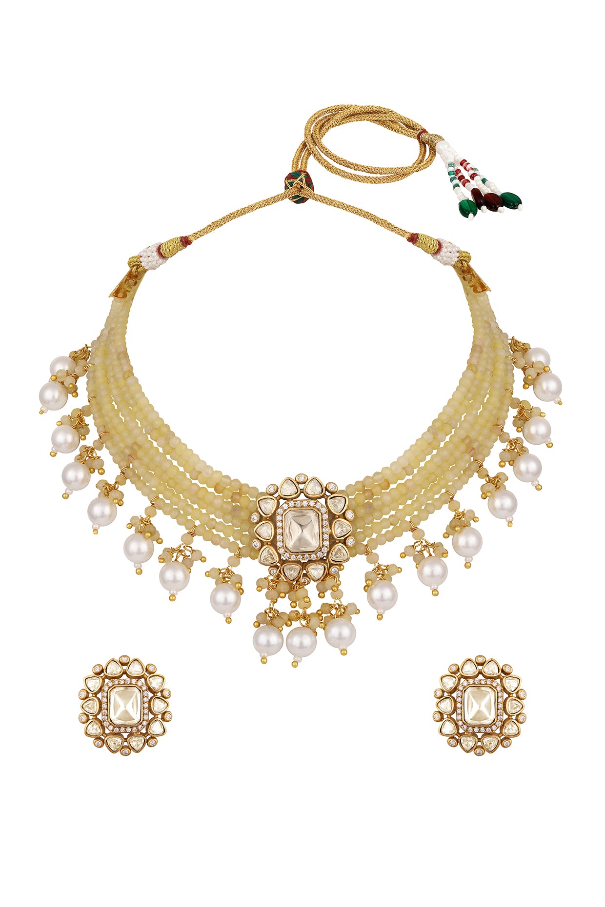 Dog Collar Choker in gold tone brass with Lv Kundan Polki(Yellow Polki), Zircone Diamond, Agates, Pearls Have Been Used