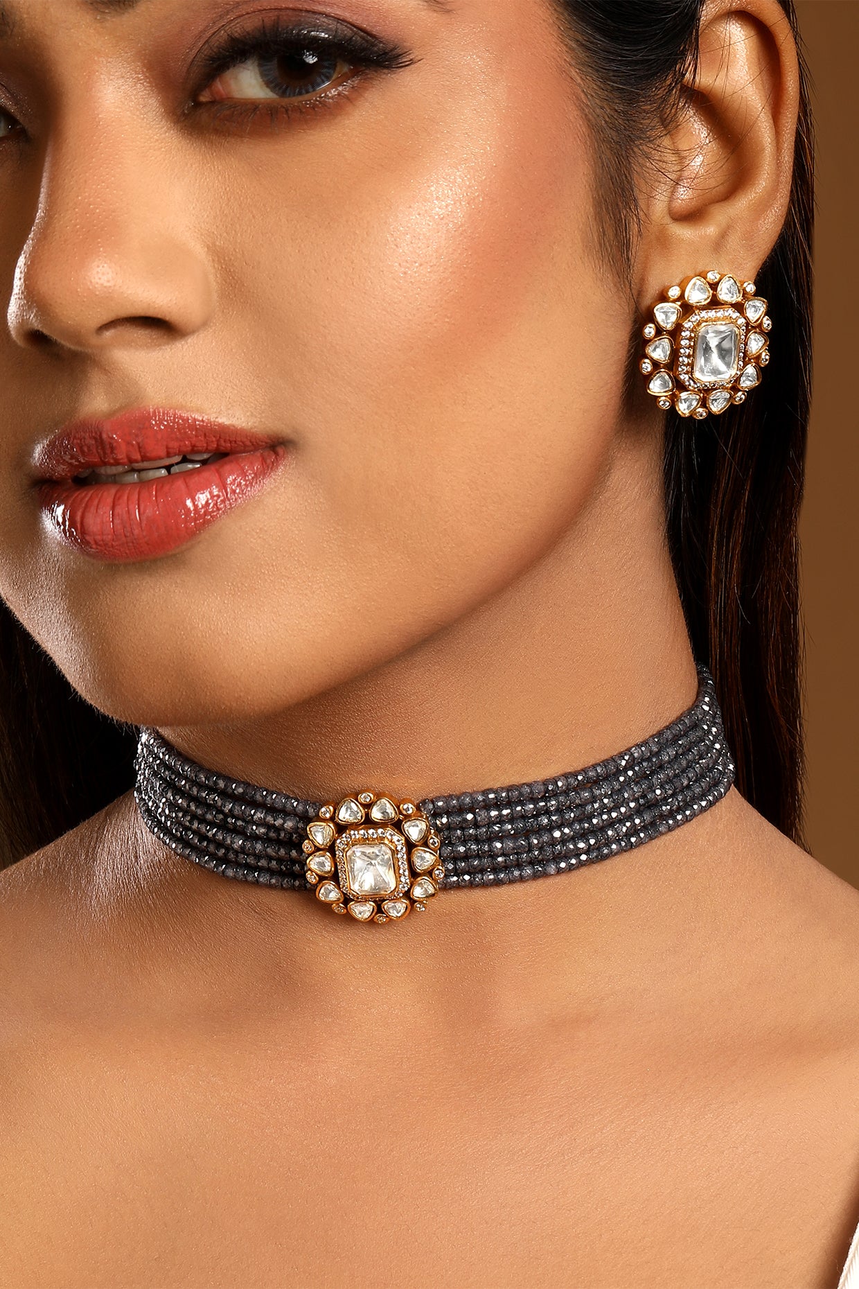 Dog Collar Choker in gold tone brass with Lv Kundan Polki (Yellow Polki), Zircone Diamond, Zircon Stones Have Been Used