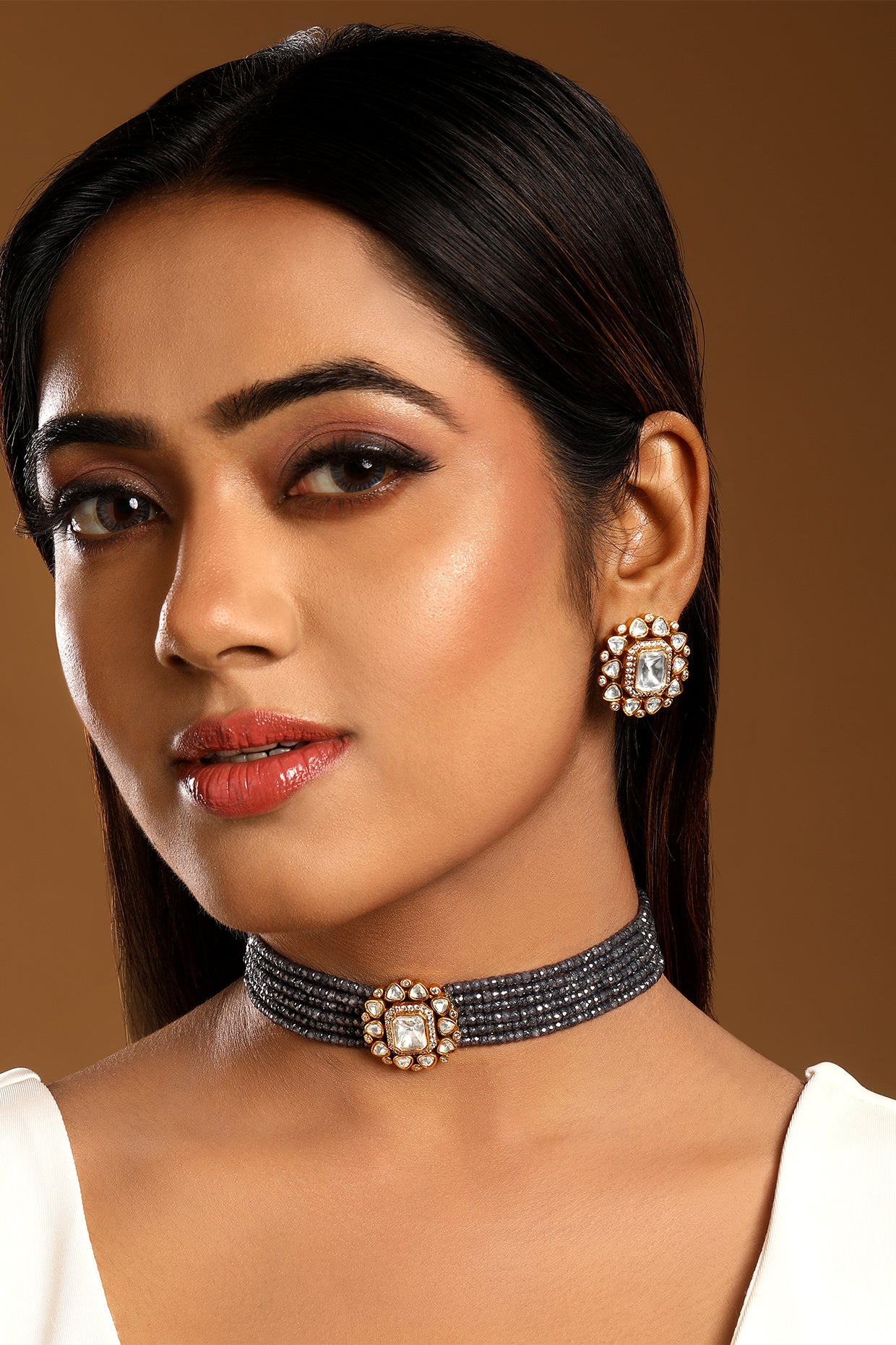 Dog Collar Choker in gold tone brass with Lv Kundan Polki (Yellow Polki), Zircone Diamond, Zircon Stones Have Been Used