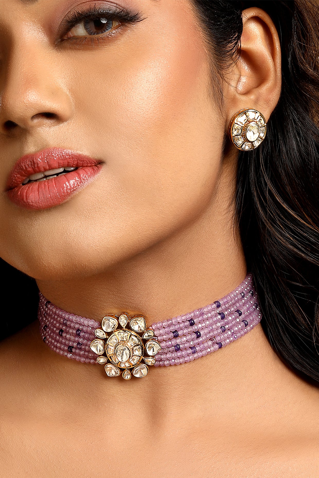 Dog Collar Choker in gold tone brass with Agate, Lv Kundan Yellow Polki, Micron Gold Polish Brass