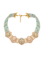 Choker in gold tone brass with Kundan Polki, Zircone Diamond, Enamel Stone, Agates Have Been Used