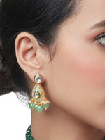 Earring with Gold polished brass, ,Mint Green Kundan Polki, Pearls & Onyx tumble