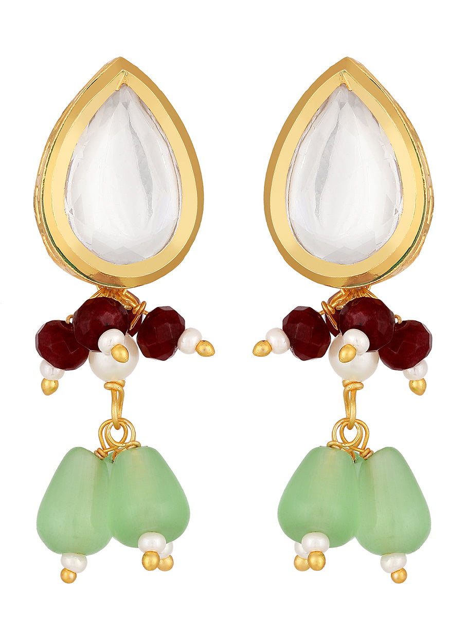 Earring with Gold polished on brass with Mint Green Kundan Polki work & Monalisa Agate