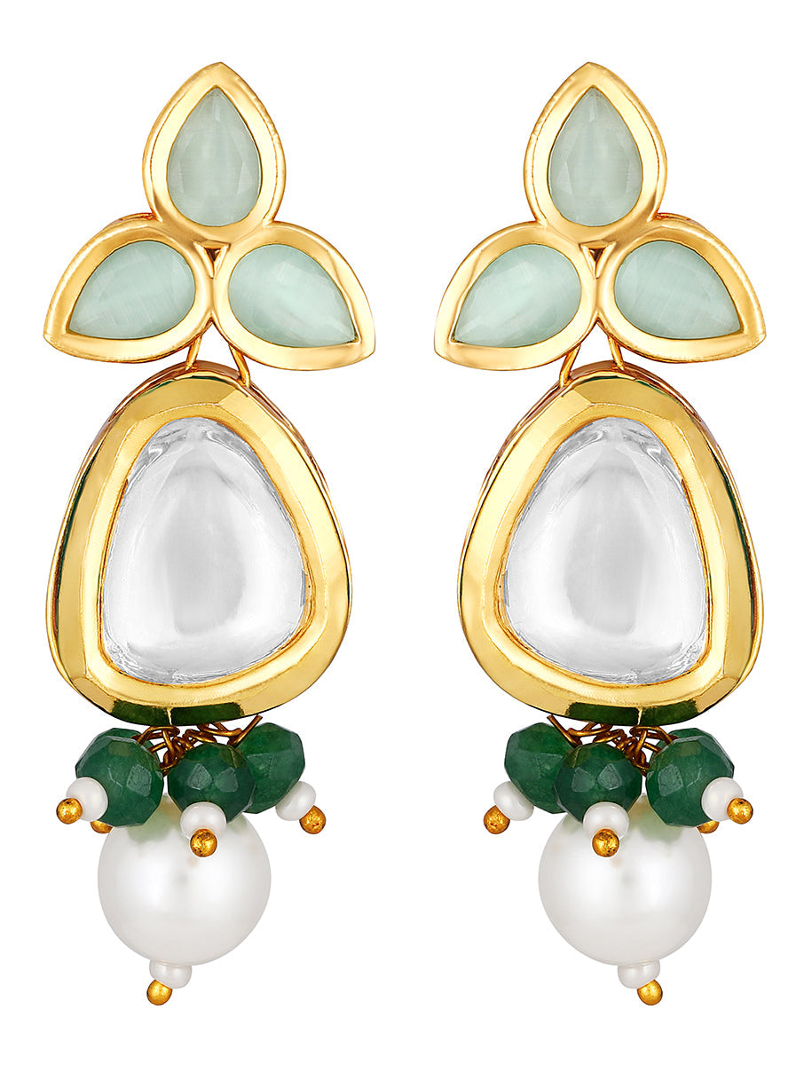 Earring with gold polished brass,Kundan Polki, Shell Pearls & Agates