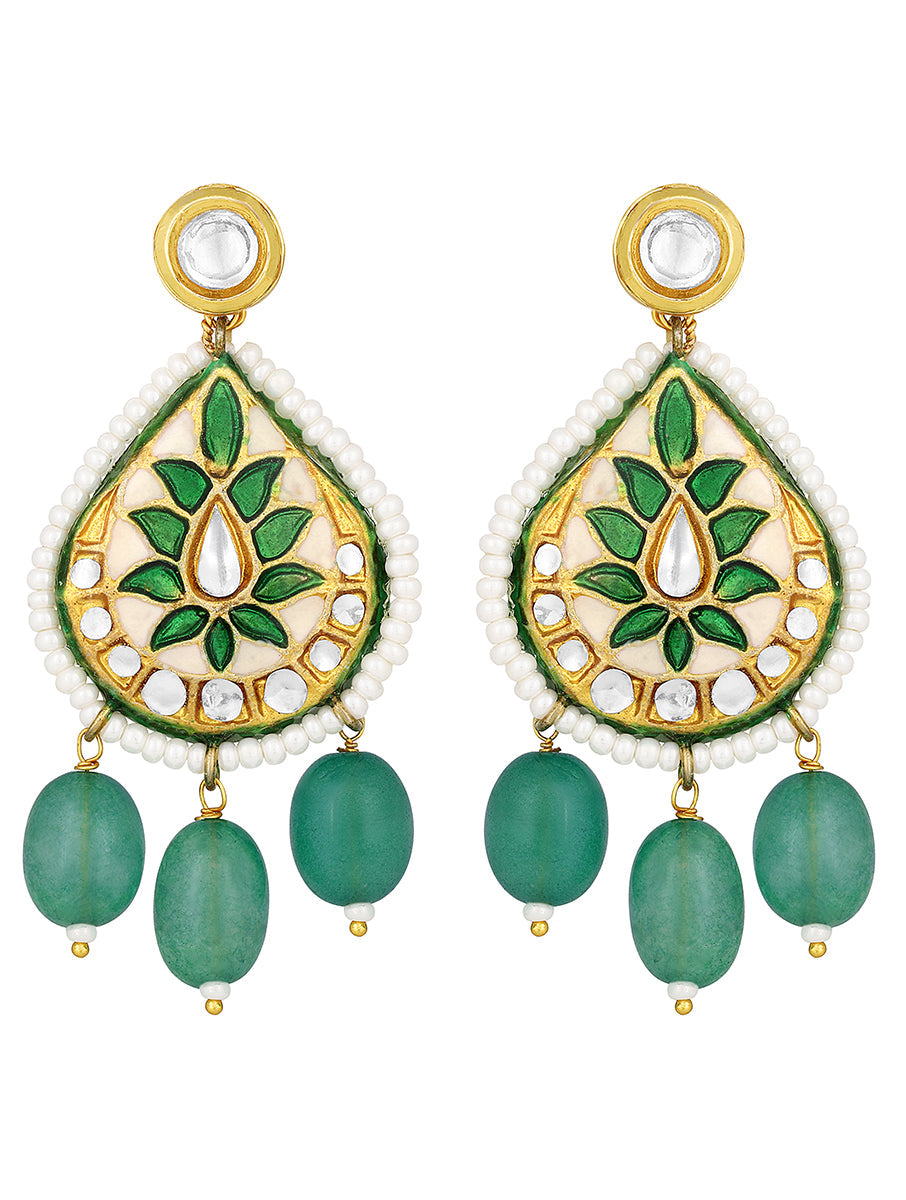 Designer Golden polished brass Earring with Kundan Polki, Agate tumbles & Hand-Painted Meena