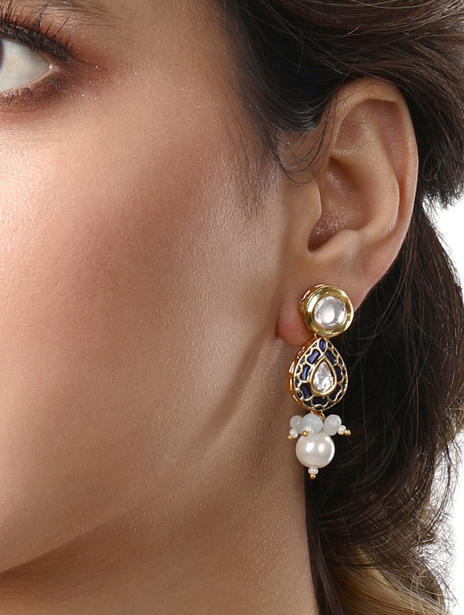 Designer Earring with Gold polished brass, Kundan Polki, Hand Painted Meena & Shell pearls