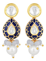 Designer Earring with Gold polished brass, Kundan Polki, Hand Painted Meena & Shell pearls