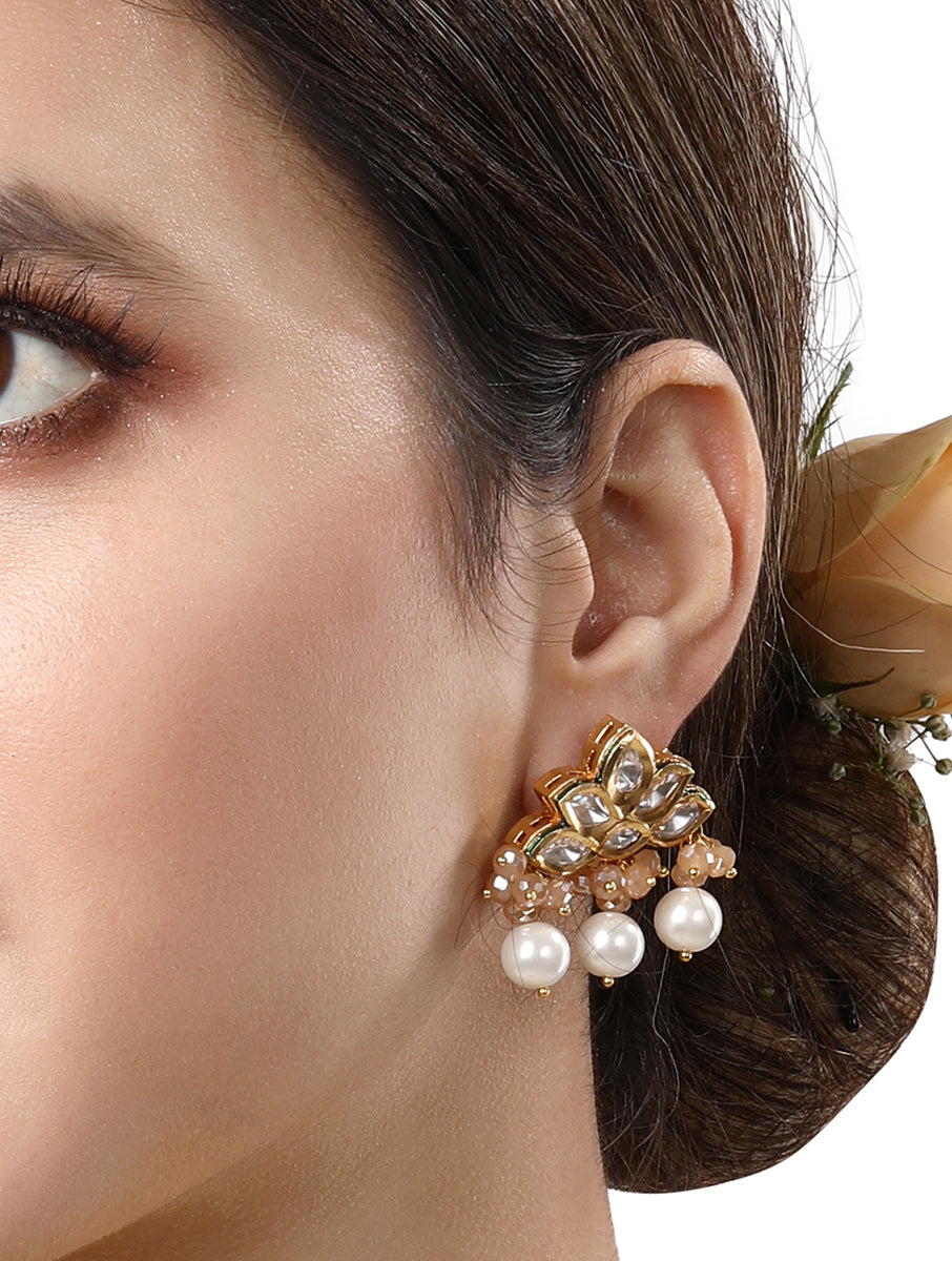 Designer Earring with gold polished brass, Kundan Polki, Shell Pearls & Italian Crystal