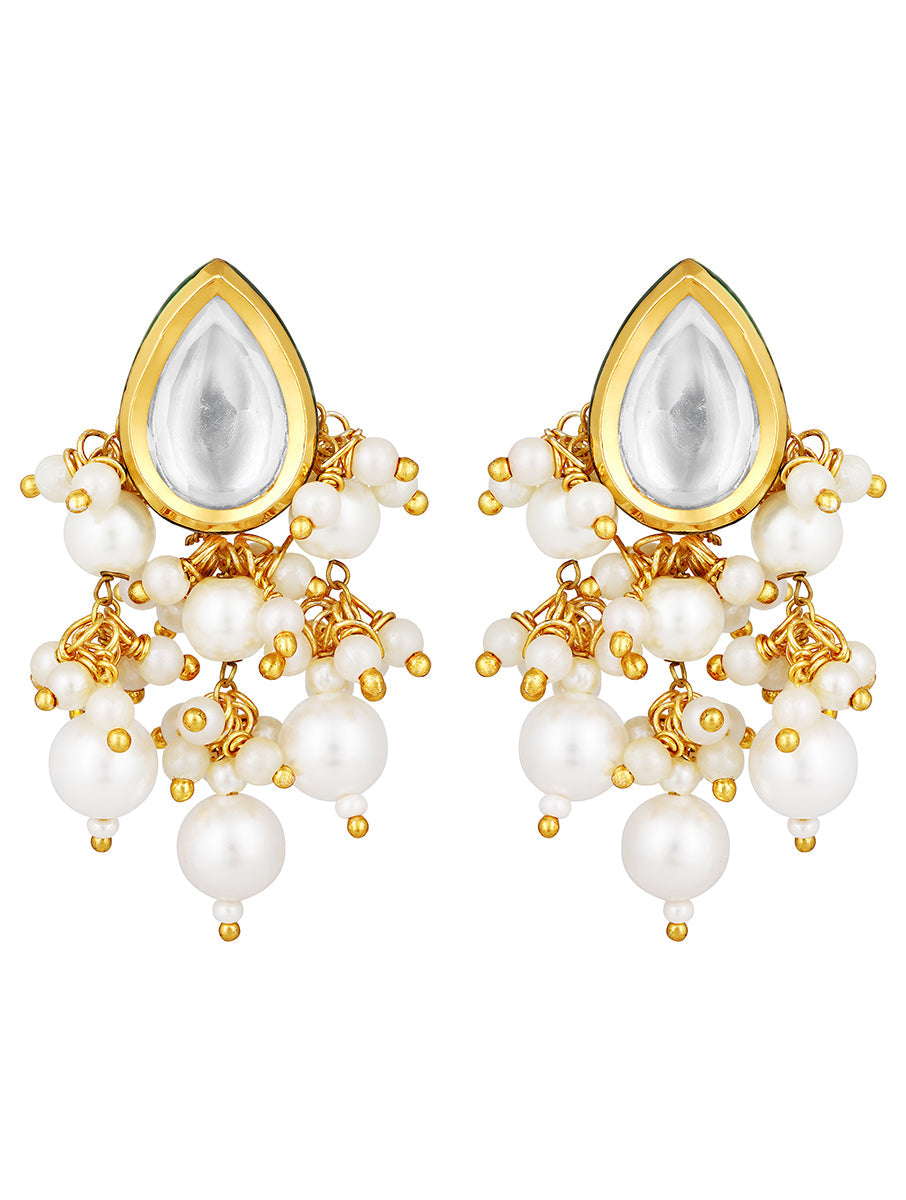 Earring Designed with gold Finished brass, Kundan Polki & Shell Pearls.
