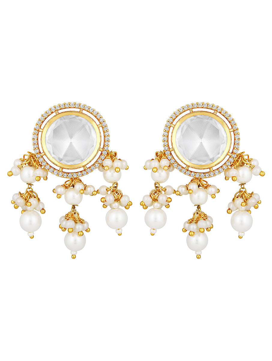 Earring in gold polished brass,Diamond Kundan Polki & Shell Pearls