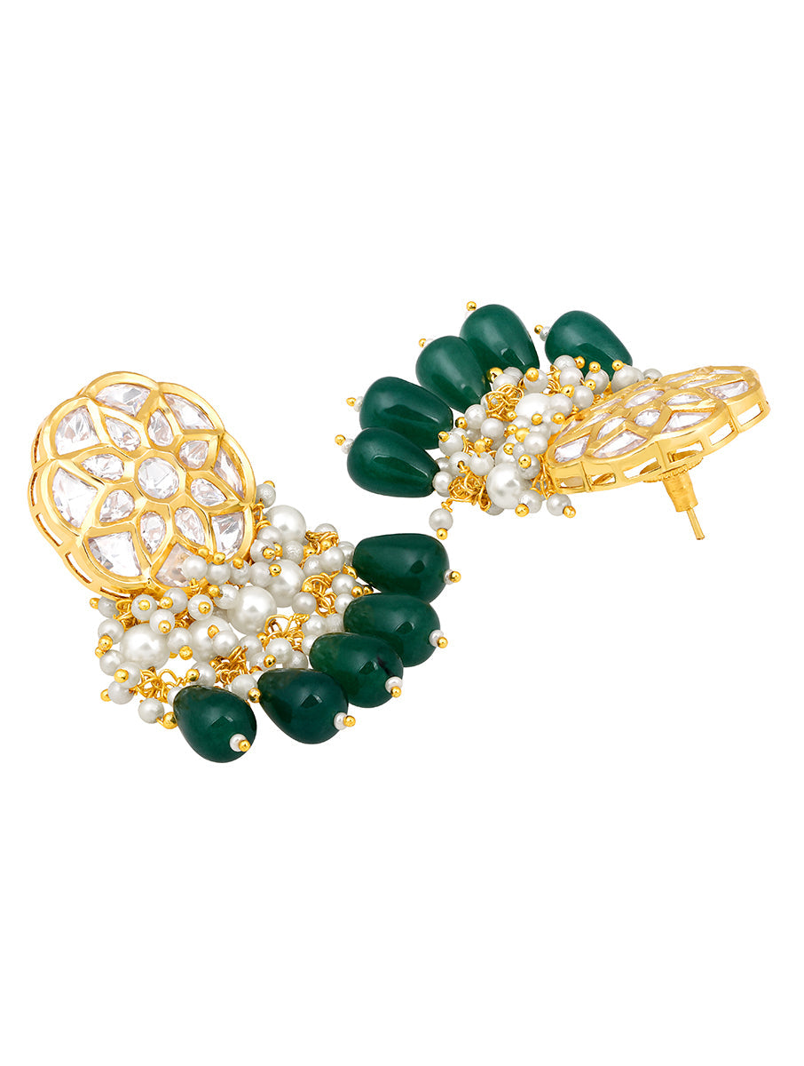 Earring designed in gold polished brass, Kundan Polki, Agate tumbles & Shell pearls