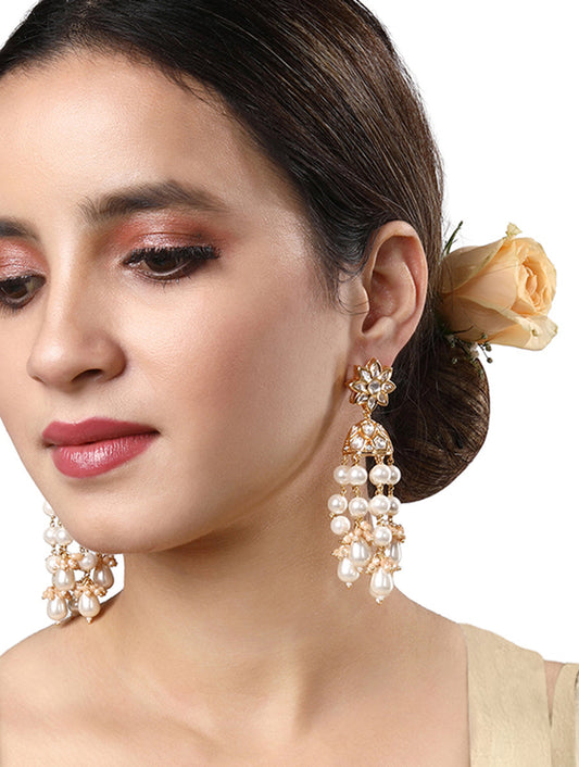 Earring designed in gold finished brass, Kundan Polki, Shell Pearls & Italian Crystal