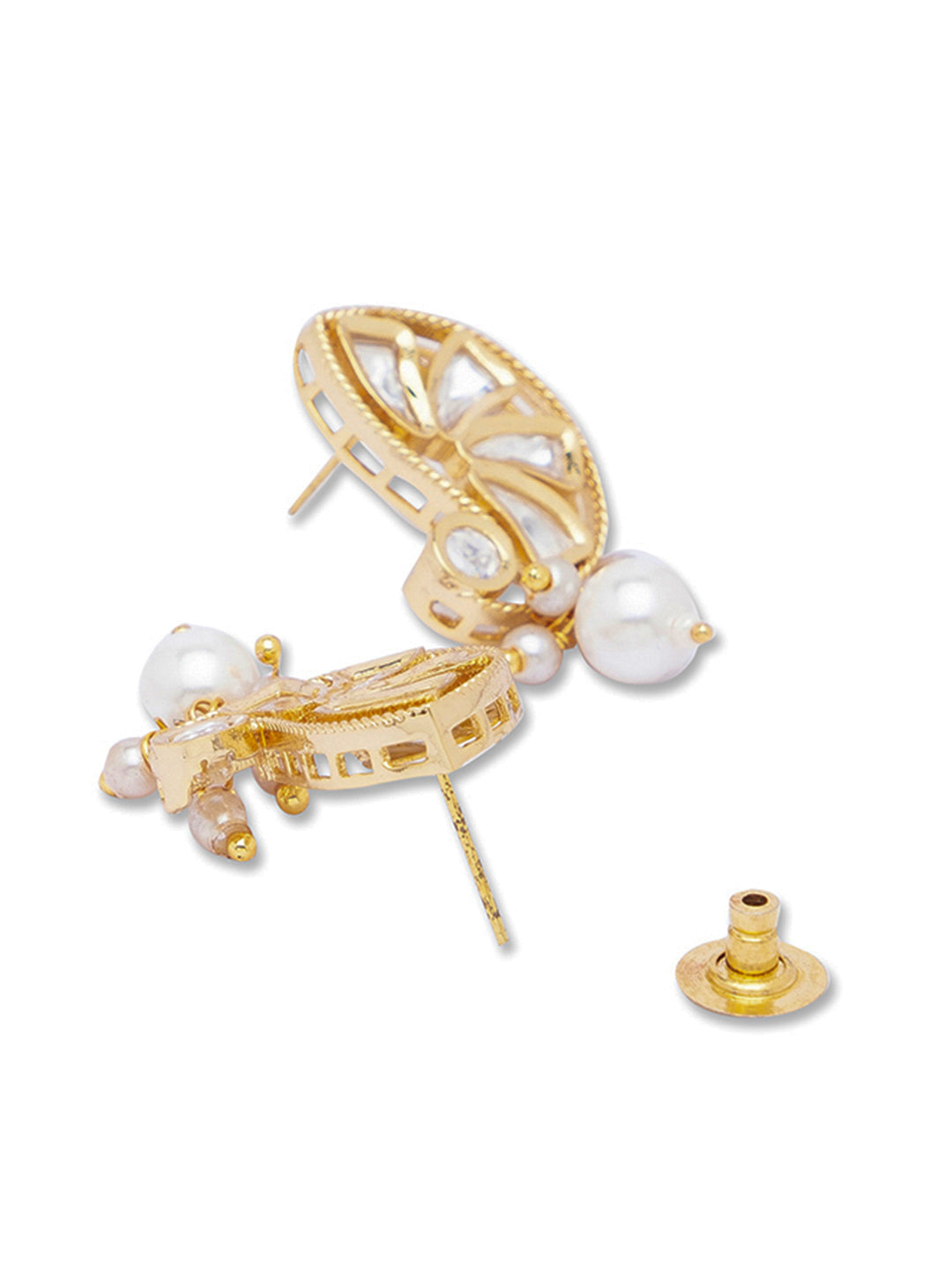 Golden Polish Brass Earring with Pearly white colored Kundan Polki, Shell Pearls